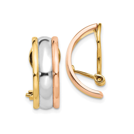 14k Tri Color Gold Hoop Earrings for Women with Yellow White Rose Bands, Polished Huggie Style Hoops, Classic Jewelry for Everyday or Formal Wear, Lightweight Elegant Multi Tone Design