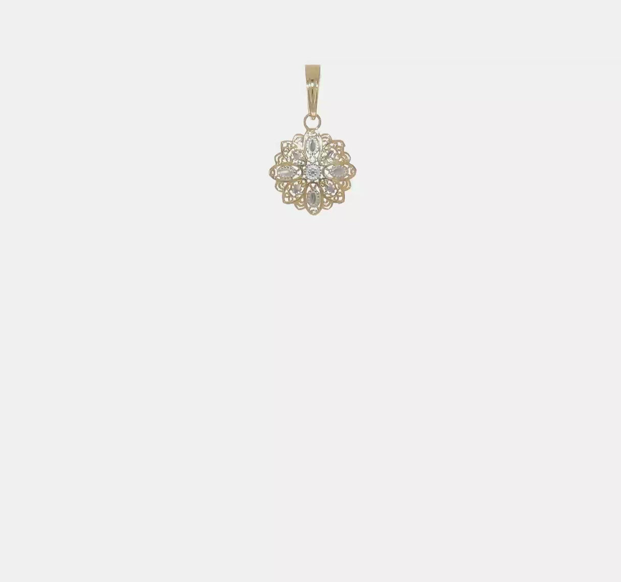 14k Yellow Gold and Rhodium Pendant, Floral Filigree Mandala Design, Two Tone Boho Style