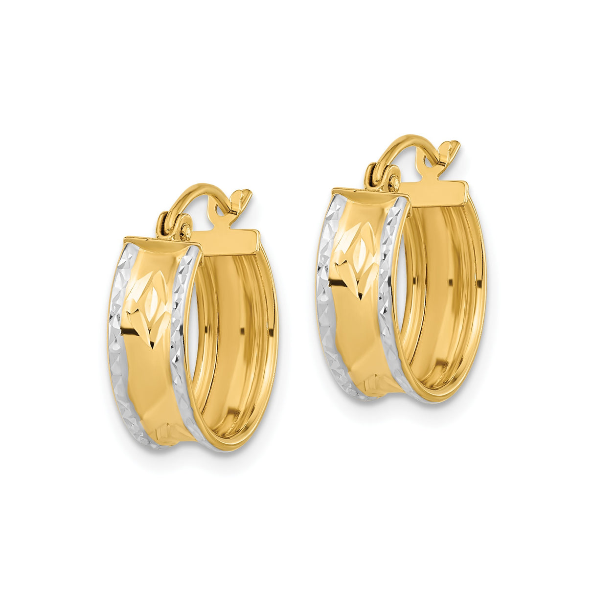 14k Yellow Gold Hoop Earrings with Rhodium Diamond Cut Leaf Design, Two Tone Lightweight Style