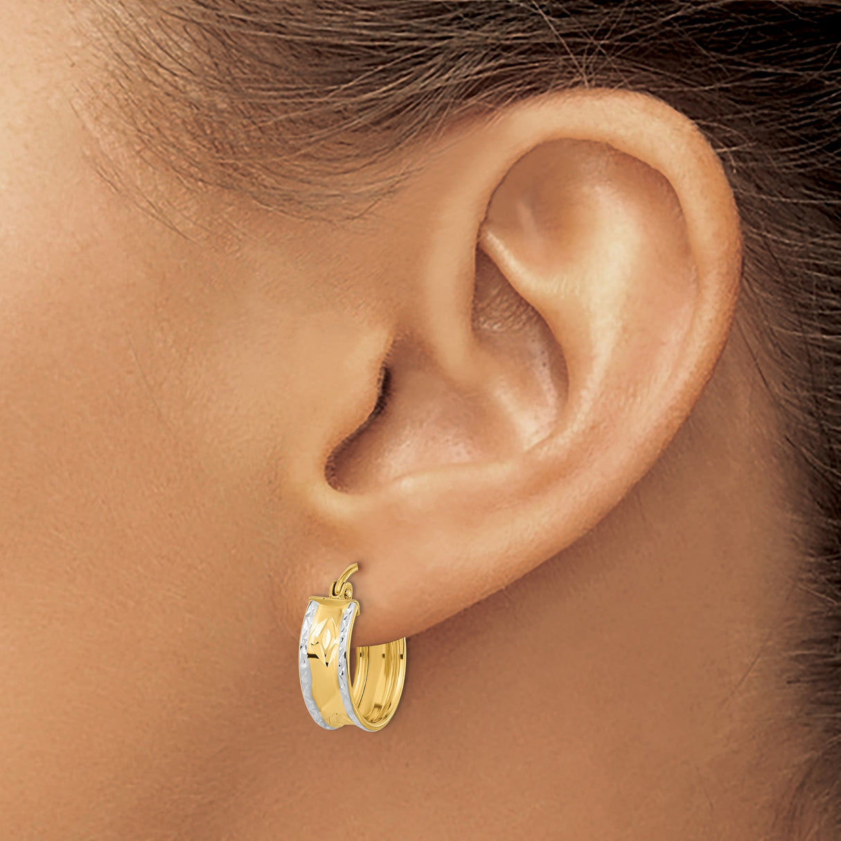 14k Yellow Gold Hoop Earrings with Rhodium Diamond Cut Leaf Design, Two Tone Lightweight Style