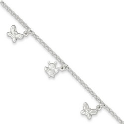 10 Inch Butterflies And Bees Anklet In 925 Sterling Silver