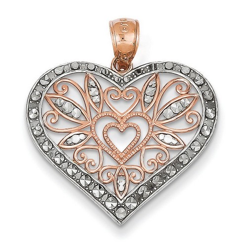 14k Rose Gold Diamond Cut Fancy Heart Pendant 20x25 mm 1.6 gr