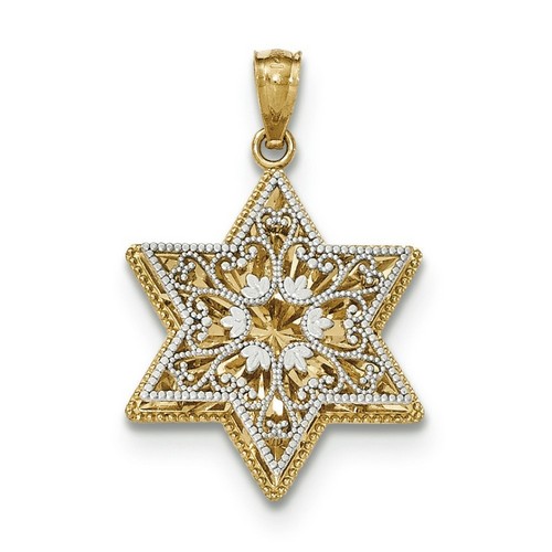 Genuine 14k Two-tone Polished Reversible Filigree Star of David Pendant 1.74 gr