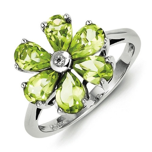 Peridot and Diamond Flower Ring in 925 Sterling Silver